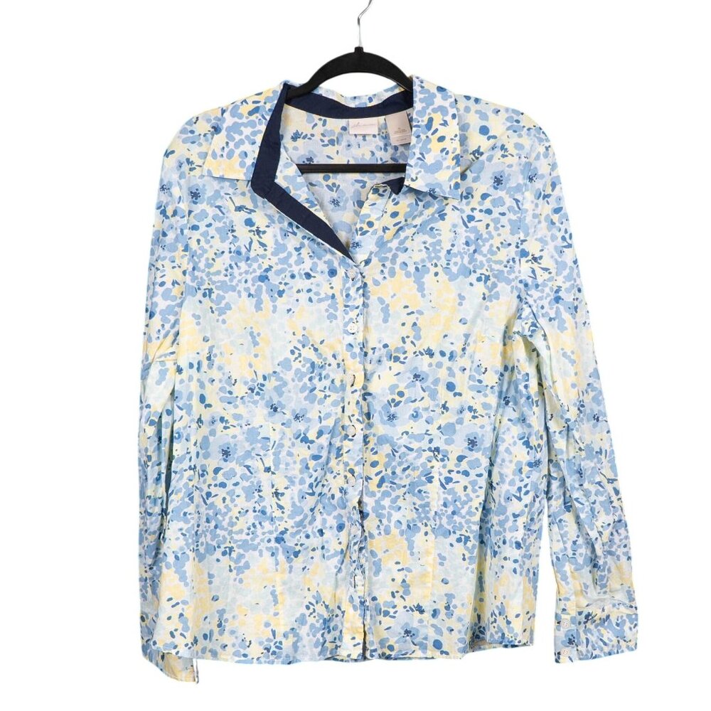 Abstract Floral Button Up Shirt XL Women VNeck Blue Yellow Cotton JH Collectible